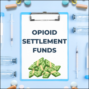 Opioid Settlement Funds. Opioid pills and syringes. Illustration of a pile of money 
										